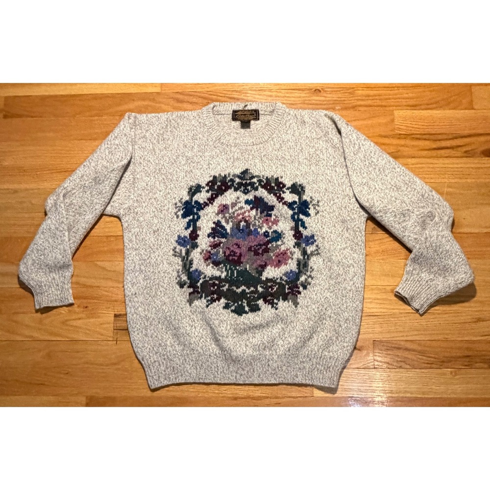 VTG Eddie Bauer Floral Wool Blend Sweater Oatmeal Marled Crew Neck Large 1999